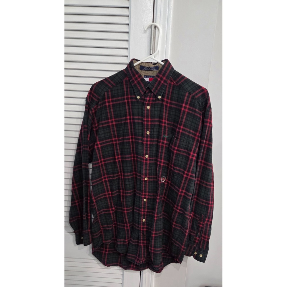 Vintage 1990s Tommy Hilfiger Mens Plaid Shirt Red Green Button Down Medium